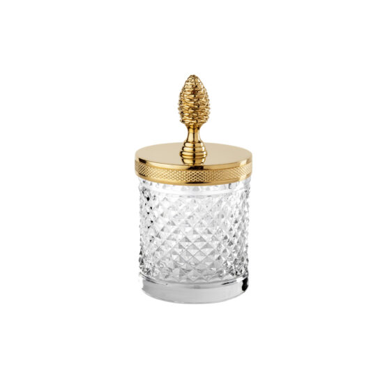 Luxury glass jar made of clear crystal glass and brass in gold by Cristal & Bronze from the Cristal Taille Diamant Cisele series