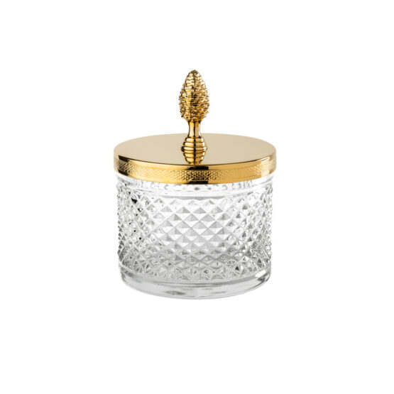 Luxury glass jar made of clear crystal glass and brass in gold by Cristal & Bronze from the Cristal Taille Diamant Cisele series