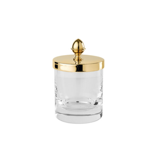 Luxury small q-tip jar made of crystal glass and brass in gold by Cristal & Bronze from the Cristallin Lisse series