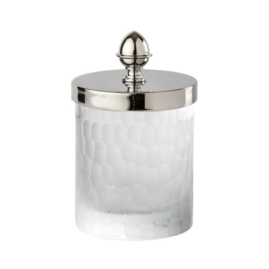 Luxury small q-tip jar made of glass and brass in nickel by Cristal & Bronze from the Nid d'Abeilles series