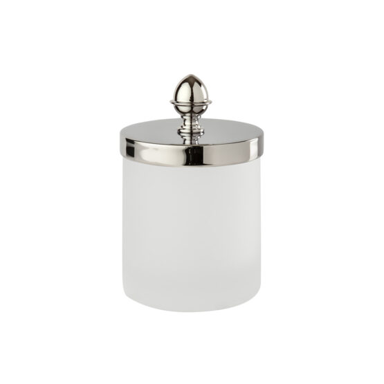 Luxury small q-tip jar made of glass and brass in nickel by Cristal & Bronze from the Satine Lisse series