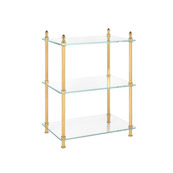 Luxury glass shelving unit made of glass and brass in gold by Cristal & Bronze from the Metall series