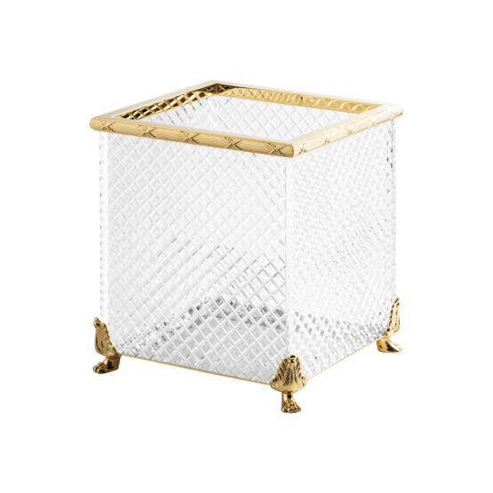 Luxury bathroom bin made of clear crystal glass and brass in gold by Cristal & Bronze from the Cristal Taille Diamant Cisele series