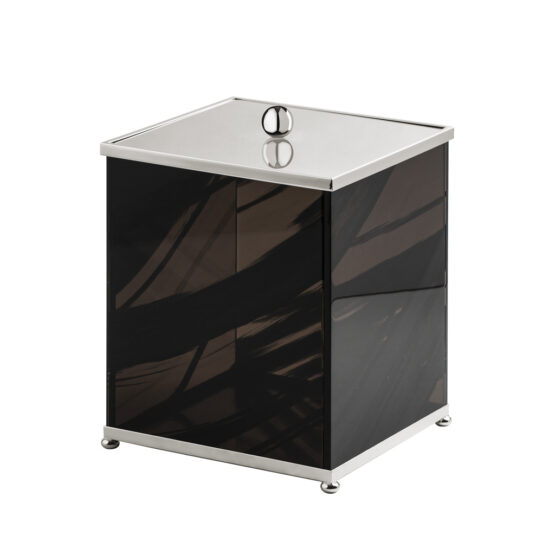 Luxury bathroom bin made of obsidian crystal glass and brass in nickel by Cristal & Bronze from the Obsidienne Lisse series