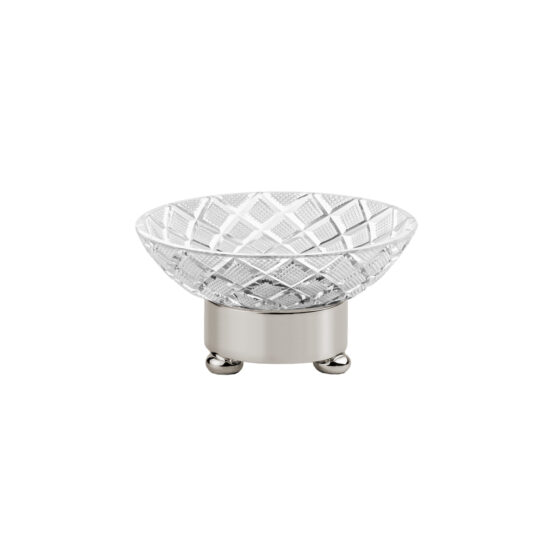 Luxury soap dish made of clear crystal glass and brass in nickel by Cristal & Bronze from the Cristal Taille Losange Lisse series