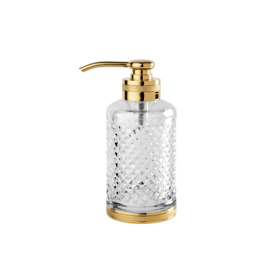 Luxury soap dispenser made of clear crystal glass and brass in gold by Cristal & Bronze from the Cristal Taille Diamant Cisele series