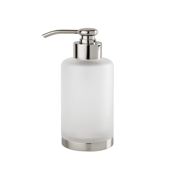 Luxury soap dispenser made of glass and brass in nickel by Cristal & Bronze from the Satine Lisse series