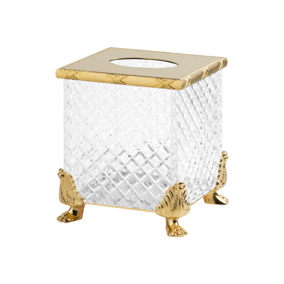 Luxury tissue box made of clear crystal glass and brass in gold by Cristal & Bronze from the Cristal Taille Diamant Cisele series